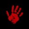 Blood hand print on black background. Red paint mark. Vector hand-drawn illustration.