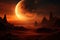 Blood moon's mystique: mountain silhouette under an eclipse-lit starry night