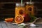Blood orange juice in a mason jar with ice. Cold summer beverage