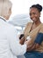 Blood pressure, doctor and black woman patient smile in hospital for healthcare consulting services. Clinic worker check