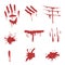 Blood spatters set, red palm prints, finger smears and stains vector Illustrations on a white background