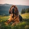 Bloodhound dog lying on the green meadow in a summer green field. Portrait of a Bloodhound dog lying on the grass with summer