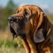 Bloodhound dog portrait on a sunny summer day. Closeup portrait of a purebred Bloodhound dog in the field. Outdoor Portrait of a