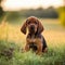 Bloodhound puppy sitting on the green meadow in summer green field. Portrait of a cute Bloodhound pup sitting on the grass with