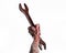 Bloody hand holding a big wrench, bloody wrench, big key, bloody theme, halloween theme, crazy mechanic, white background