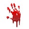 Bloody hand print 3D isolated white background. Horror scary drip blood dirty handprint, fingerprint. Red palm, fingers