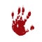 Bloody hand print isolated white background. Horror scary blood dirty handprint, fingerprint. Red palm, fingers, stain