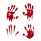 Bloody hand print set isolated white background. Horror scary blood handprint, fingerprint. Red palm, fingers, stain