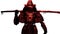 A bloody silhouette of a sinister samurai demon warrior in a helmet with a huge rusty katana and broken armor, on his chest the