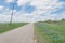 Blooming bluebonnet along country road with white picket fence and row of power pylons in Ennis, Texas, USA