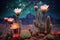 blooming cacti against a starry night sky