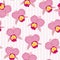 Blooming cattleya orchid floral seamless pattern. Exotic tropical pink yellow flowers on vertical stripes background.