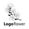 Blooming cherry. Sakura branch with flower buds. Black and white drawing of a blossoming tree in spring. Logo with