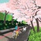 Blooming cherry trees garden relax vector poster
