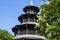 A blooming chestnut tree in front of the chinese tower in the English Garden in Munich