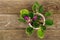 Blooming colorful domestic violet in a pot on a wooden background. Bright flowers