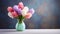 Blooming colorful hyacinths in a vase standing on the side. Empty background in a vintage charming style. Generative AI