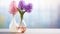 Blooming colorful hyacinths in a vase standing on the side. Empty background in a vintage charming style. Generative AI