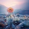 A blooming flower grew on a garbage patch full of garbage and plastic bags.