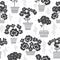 Blooming geraniums in pots. Seamless vector pattern. Floral monochrome illustration on white background.