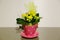 Blooming kalanchoe yellow flower isolated in pink pot on grey background. Easter spring flower background