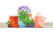 Blooming lavender iron bucket, strawberry in pots, watering can and rubber boot for home gardening. Vector illustration