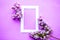 Blooming lilac branch and photo frame. Minimal concept. Springtime concept.