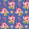 Blooming Lotus. Hand drawn decorative seamless pattern. Alcohol markers illustration. Isolated on a blue background.