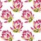 Blooming Lotus. Hand drawn decorative seamless pattern. Alcohol markers illustration. Isolated on a white background.