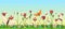 Blooming meadow with grass and flowers. Landscape with the sky. Cartoon style. Fabulous illustration. Background picture