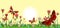 Blooming meadow with grass and flowers. Landscape with sky and sun. Cartoon style. Fabulous illustration. Background