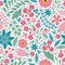 Blooming midsummer meadow seamless pattern. Floral background of colorful flowers, buds, leaves, stems. Lot of different