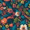 Blooming midsummer meadow vintage flower pattern. Plant background for fashion. Generative AI Illustration.