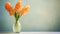 Blooming orange hyacinths in a vase standing on the side. Empty background in a vintage, charming style. Generative AI