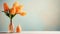 Blooming orange hyacinths in a vase standing on the side. Empty background in a vintage, charming style. Generative AI