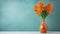 Blooming orange hyacinths in a vase standing on the side. Empty background in a vintage, charming style. Generative AI