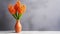 Blooming orange hyacinths in a vase standing on the side. Empty background in a vintage, charming style. Generative AI