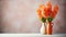 Blooming orange hyacinths in a vase standing on the side. Empty background in a vintage, charming style. Generative AI