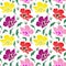 Blooming pink, red and yellow mallow, seamless pattern