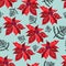 Blooming red poinsettia on a trendy gentle background design for printing on textiles, packaging, paper, wallpaper.