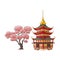 Blooming sakura branch, pagoda vector set