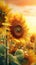 Blooming sunflowers with drops of water close-up background.