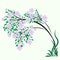 Blooming tree - graphics. A thin tree strewn with huge lilac flowers and bent down from the weight of the magnificent