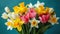 Blooming tulips, daffodils, and Easter lilies in a vibrant springtime arrangement