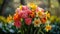 Blooming tulips, daffodils, and Easter lilies in a vibrant springtime arrangement