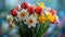 Blooming tulips, daffodils, and Easter lilies in a vibrant springtime arrangement