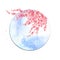 Blooming watercolor sakura tree flowers inside round frame