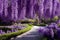 Blooming wisteria tunnel in a garden, hanging purple flowers, generative ai