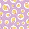 Blooming yellow purple mallow flowers on dots seamless repeat vector pattern background for fabric, scrapbooking
