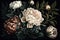 Blossom peony arrangement composition. Elegant bloom floral bouquet on black background. Generative AI